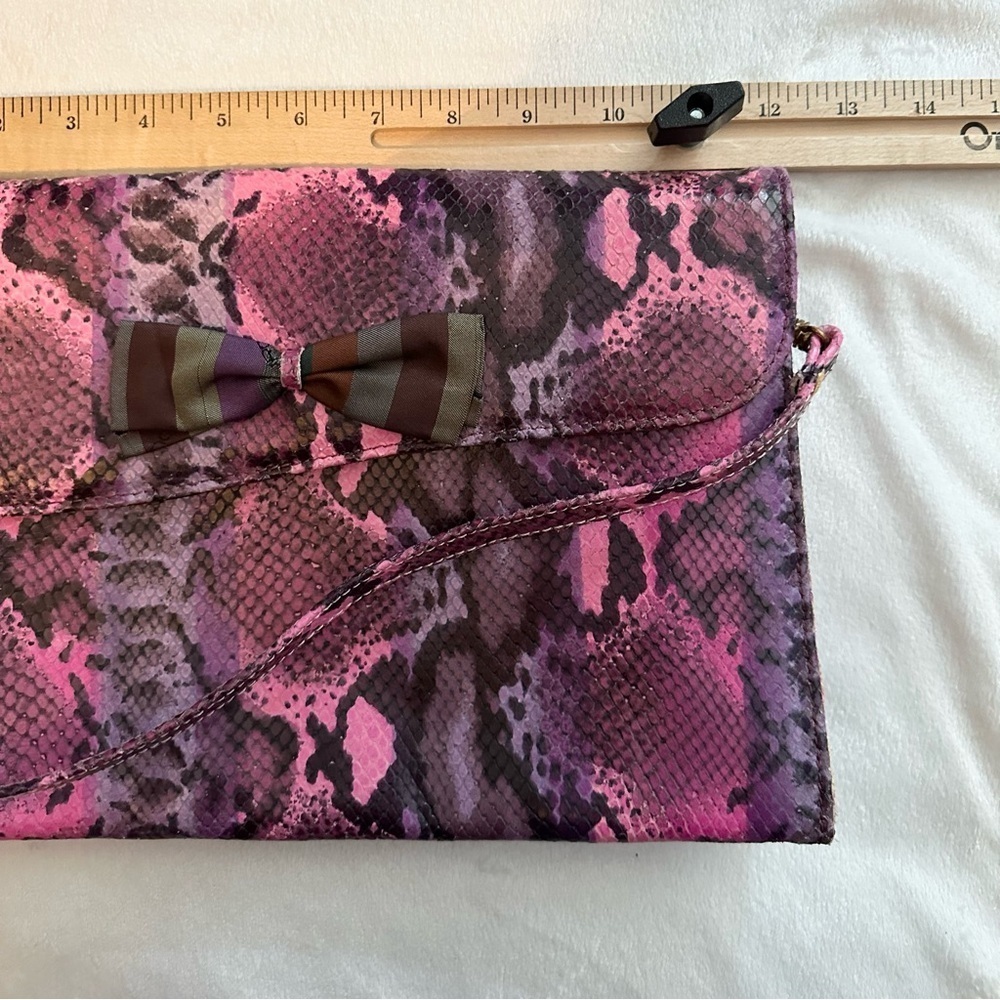 Vintage Pourchet Paris Pink Faux Snakeskin Large Clutch Purse Stripe Bow RARE - Picture 6 of 12